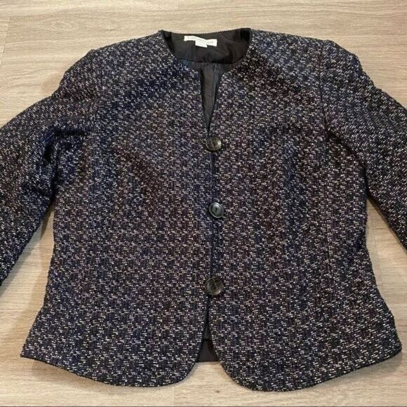 Coldwater Creek dark patterned button front 3/4 sleeve career blazer size PS - Picture 2 of 9
